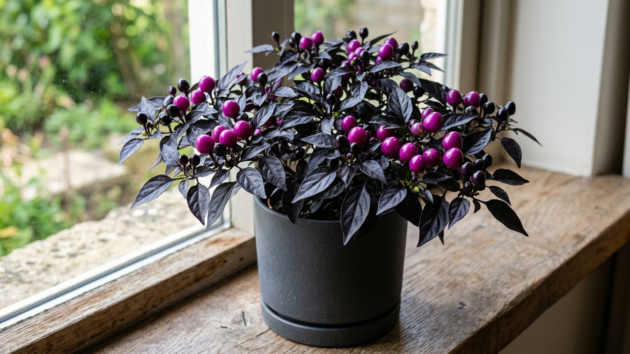 Essa variedade rara de pimenta ornamental decora a casa com frutos em tom roxo-neon e resiste com vigor a ondas extremas de calor