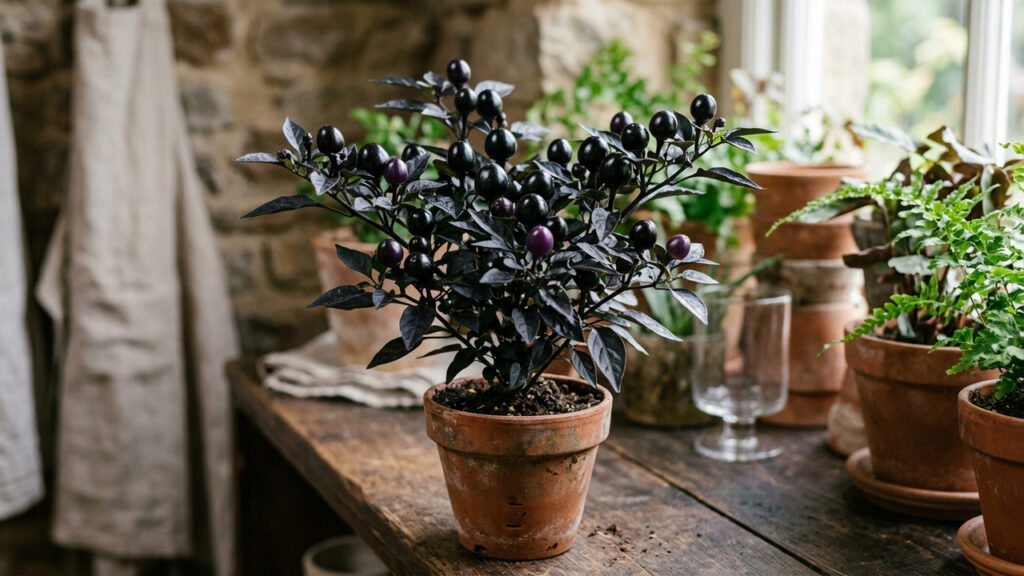 Essa pimenta roxa ornamental parece uma flor escura e decora a casa com elegância: de ardência muito suave, ela se adapta a vasos pequenos