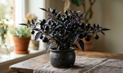 Essa pimenta roxa ornamental parece uma flor escura e decora a casa com elegância: de ardência muito suave, ela se adapta a vasos pequenos