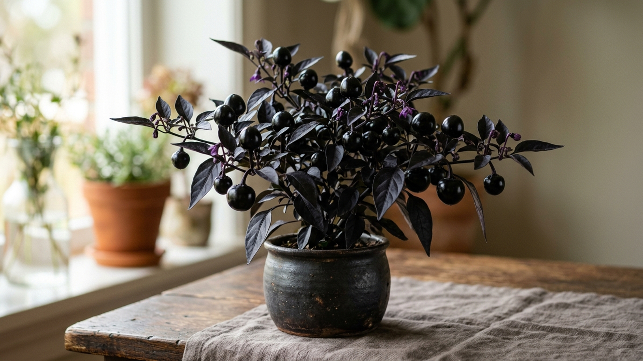Essa pimenta roxa ornamental parece uma flor escura e decora a casa com elegância: de ardência muito suave, ela se adapta a vasos pequenos