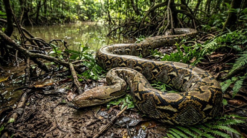 A píton-reticulada gigante pode passar de 7 metros e tem uma força impressionante, sendo capaz de engolir um javali inteiro graças à mandíbula extremamente flexível