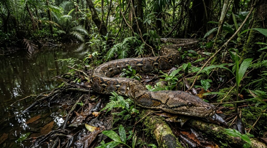 A píton-reticulada gigante pode passar de 7 metros e tem uma força impressionante, sendo capaz de engolir um javali inteiro graças à mandíbula extremamente flexível