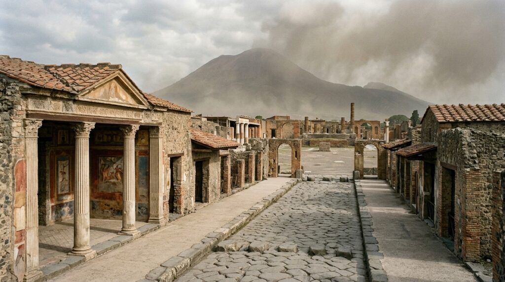 A cidade de Pompeia desenvolvida ao longo de séculos antes de ser soterrada em 79 d.C. e que ainda conserva ruas, casas, templos, mercados, pinturas e construções da sociedade romana