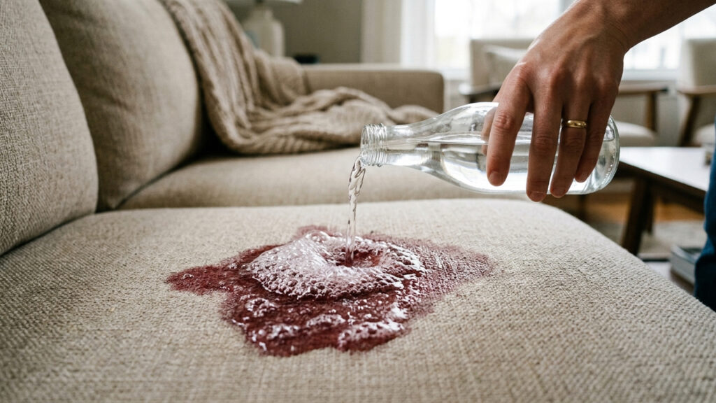 Jogar água com gás na mancha recente de vinho no estofado: como a efervescência expulsa o líquido para a superfície sem manchar o tecido do sofá