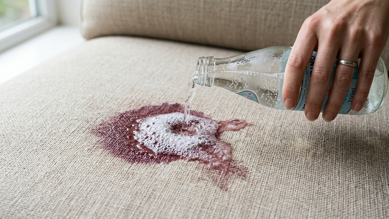 Jogar água com gás na mancha recente de vinho no estofado: como a efervescência expulsa o líquido para a superfície sem manchar o tecido do sofá