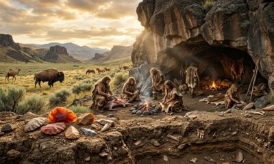 Crie uma imagem cinematográfica, hiper-realista e extremamente detalhada inspirada nas descobertas arqueológicas do sítio Rimrock Draw, no estado do Oregon, Estados Unidos, durante o final da Era do Pleistoceno, há aproximadamente 18.250 anos. Mostre um abrigo rochoso natural em uma paisagem selvagem do noroeste da América do Norte, com grandes formações de rocha, solo sedimentar exposto e sinais de uma antiga ocupação humana. No primeiro plano, destaque ferramentas de pedra primitivas, especialmente raspadores feitos de ágata alaranjada, cuidadosamente posicionados sobre o solo arqueológico. Ao redor do abrigo, represente um pequeno grupo de humanos pré-históricos utilizando ferramentas de pedra para atividades de sobrevivência e caça, com aparência realista e roupas rudimentares feitas de peles de animais. Eles devem parecer habitantes humanos do Pleistoceno, sem características modernas. Inclua ao fundo animais da megafauna do período, especialmente um grande bisão antigo e um camelo pré-histórico, representados de maneira cientificamente plausível e integrados naturalmente à paisagem. Os animais não devem parecer monstros ou criaturas fantasiosas. Mostre claramente diferentes camadas de sedimentos no solo do abrigo, sugerindo uma escavação arqueológica e a preservação dos objetos durante milhares de anos. Inclua pequenos fragmentos de dentes fossilizados e ossos parcialmente expostos no sedimento. A atmosfera deve transmitir a sensação de uma descoberta arqueológica extraordinária e muito antiga. Iluminação natural dramática de fim de tarde, raios de sol atravessando parcialmente o abrigo, poeira suspensa no ar, sombras realistas, textura detalhada das rochas, terra e ferramentas. Estilo visual: documentário arqueológico de alto orçamento, hiper-realismo fotográfico, cinematográfico, escala épica, iluminação natural, profundidade de campo realista, texturas extremamente detalhadas, composição profissional, aparência de fotografia capturada por uma câmera cinematográfica de alta resolução. Composição horizontal 16:9, enquadramento amplo, qualidade 4K/8K, foco nítido nos artefatos arqueológicos em primeiro plano e profundidade mostrando o abrigo, os humanos e a megafauna. NÃO incluir texto, letras, títulos, logotipos, marcas d'água, placas, equipamentos modernos, prédios modernos, roupas modernas, armas modernas, veículos, máquinas ou elementos de fantasia.