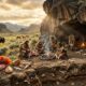 Crie uma imagem cinematográfica, hiper-realista e extremamente detalhada inspirada nas descobertas arqueológicas do sítio Rimrock Draw, no estado do Oregon, Estados Unidos, durante o final da Era do Pleistoceno, há aproximadamente 18.250 anos. Mostre um abrigo rochoso natural em uma paisagem selvagem do noroeste da América do Norte, com grandes formações de rocha, solo sedimentar exposto e sinais de uma antiga ocupação humana. No primeiro plano, destaque ferramentas de pedra primitivas, especialmente raspadores feitos de ágata alaranjada, cuidadosamente posicionados sobre o solo arqueológico. Ao redor do abrigo, represente um pequeno grupo de humanos pré-históricos utilizando ferramentas de pedra para atividades de sobrevivência e caça, com aparência realista e roupas rudimentares feitas de peles de animais. Eles devem parecer habitantes humanos do Pleistoceno, sem características modernas. Inclua ao fundo animais da megafauna do período, especialmente um grande bisão antigo e um camelo pré-histórico, representados de maneira cientificamente plausível e integrados naturalmente à paisagem. Os animais não devem parecer monstros ou criaturas fantasiosas. Mostre claramente diferentes camadas de sedimentos no solo do abrigo, sugerindo uma escavação arqueológica e a preservação dos objetos durante milhares de anos. Inclua pequenos fragmentos de dentes fossilizados e ossos parcialmente expostos no sedimento. A atmosfera deve transmitir a sensação de uma descoberta arqueológica extraordinária e muito antiga. Iluminação natural dramática de fim de tarde, raios de sol atravessando parcialmente o abrigo, poeira suspensa no ar, sombras realistas, textura detalhada das rochas, terra e ferramentas. Estilo visual: documentário arqueológico de alto orçamento, hiper-realismo fotográfico, cinematográfico, escala épica, iluminação natural, profundidade de campo realista, texturas extremamente detalhadas, composição profissional, aparência de fotografia capturada por uma câmera cinematográfica de alta resolução. Composição horizontal 16:9, enquadramento amplo, qualidade 4K/8K, foco nítido nos artefatos arqueológicos em primeiro plano e profundidade mostrando o abrigo, os humanos e a megafauna. NÃO incluir texto, letras, títulos, logotipos, marcas d'água, placas, equipamentos modernos, prédios modernos, roupas modernas, armas modernas, veículos, máquinas ou elementos de fantasia.