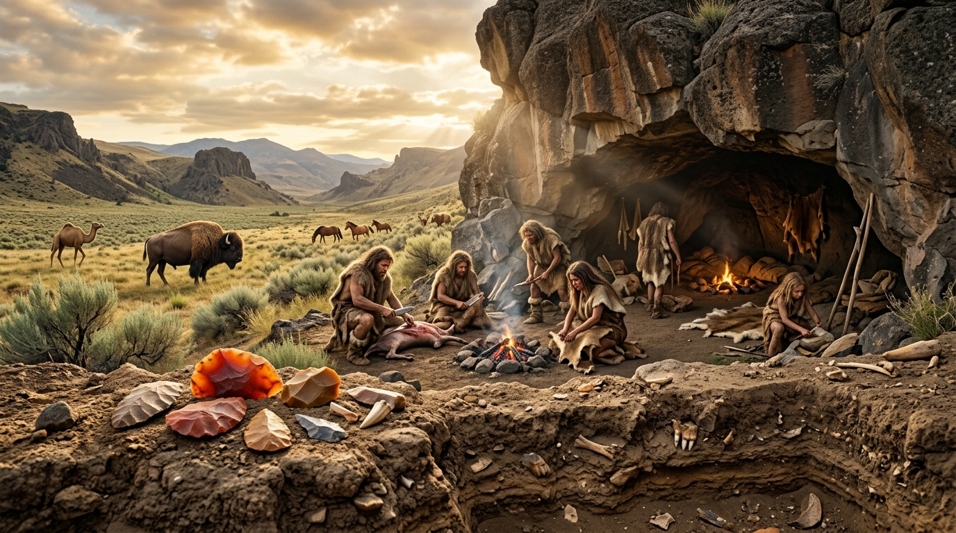 Crie uma imagem cinematográfica, hiper-realista e extremamente detalhada inspirada nas descobertas arqueológicas do sítio Rimrock Draw, no estado do Oregon, Estados Unidos, durante o final da Era do Pleistoceno, há aproximadamente 18.250 anos. Mostre um abrigo rochoso natural em uma paisagem selvagem do noroeste da América do Norte, com grandes formações de rocha, solo sedimentar exposto e sinais de uma antiga ocupação humana. No primeiro plano, destaque ferramentas de pedra primitivas, especialmente raspadores feitos de ágata alaranjada, cuidadosamente posicionados sobre o solo arqueológico. Ao redor do abrigo, represente um pequeno grupo de humanos pré-históricos utilizando ferramentas de pedra para atividades de sobrevivência e caça, com aparência realista e roupas rudimentares feitas de peles de animais. Eles devem parecer habitantes humanos do Pleistoceno, sem características modernas. Inclua ao fundo animais da megafauna do período, especialmente um grande bisão antigo e um camelo pré-histórico, representados de maneira cientificamente plausível e integrados naturalmente à paisagem. Os animais não devem parecer monstros ou criaturas fantasiosas. Mostre claramente diferentes camadas de sedimentos no solo do abrigo, sugerindo uma escavação arqueológica e a preservação dos objetos durante milhares de anos. Inclua pequenos fragmentos de dentes fossilizados e ossos parcialmente expostos no sedimento. A atmosfera deve transmitir a sensação de uma descoberta arqueológica extraordinária e muito antiga. Iluminação natural dramática de fim de tarde, raios de sol atravessando parcialmente o abrigo, poeira suspensa no ar, sombras realistas, textura detalhada das rochas, terra e ferramentas. Estilo visual: documentário arqueológico de alto orçamento, hiper-realismo fotográfico, cinematográfico, escala épica, iluminação natural, profundidade de campo realista, texturas extremamente detalhadas, composição profissional, aparência de fotografia capturada por uma câmera cinematográfica de alta resolução. Composição horizontal 16:9, enquadramento amplo, qualidade 4K/8K, foco nítido nos artefatos arqueológicos em primeiro plano e profundidade mostrando o abrigo, os humanos e a megafauna. NÃO incluir texto, letras, títulos, logotipos, marcas d'água, placas, equipamentos modernos, prédios modernos, roupas modernas, armas modernas, veículos, máquinas ou elementos de fantasia.