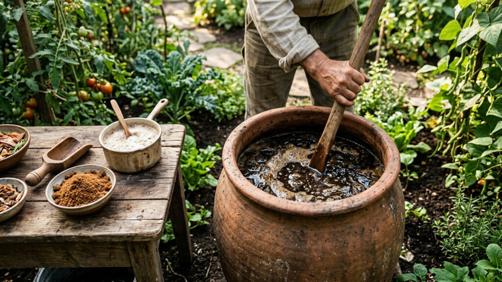 Calda de esterco bovino com açúcar mascavo e levedura: o fermentado caseiro rico em ácidos fúlvicos para soltar terra batida em vasos