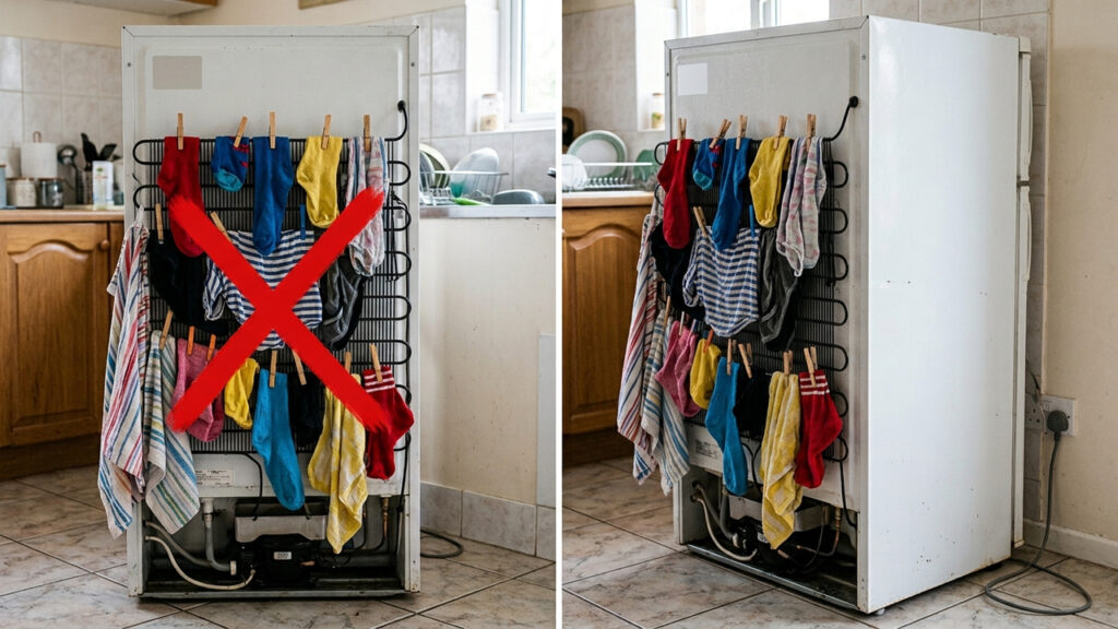 Adeus conta de luz cara no fim do mês: por que secar roupas atrás da grade da geladeira sobrecarrega o motor e estraga o eletrodoméstico