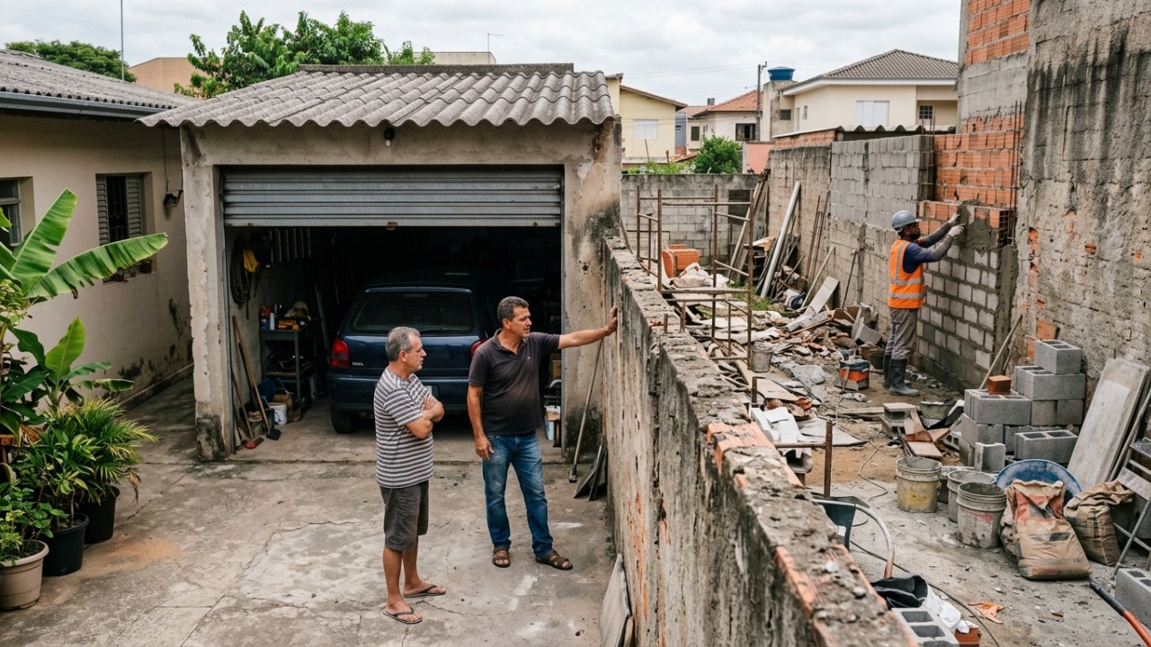 Família compra casa e levanta garagem encostada no muro da divisa, anos depois o vizinho reforma o próprio terreno e surge a dúvida sobre de quem realmente é a parede
