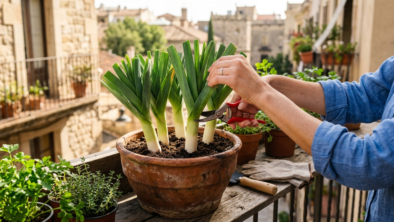 Como plantar alho-poró em vaso com colheitas contínuas: o guia simples de poda que corta apenas as folhas verdes para a planta rebrotar sempre