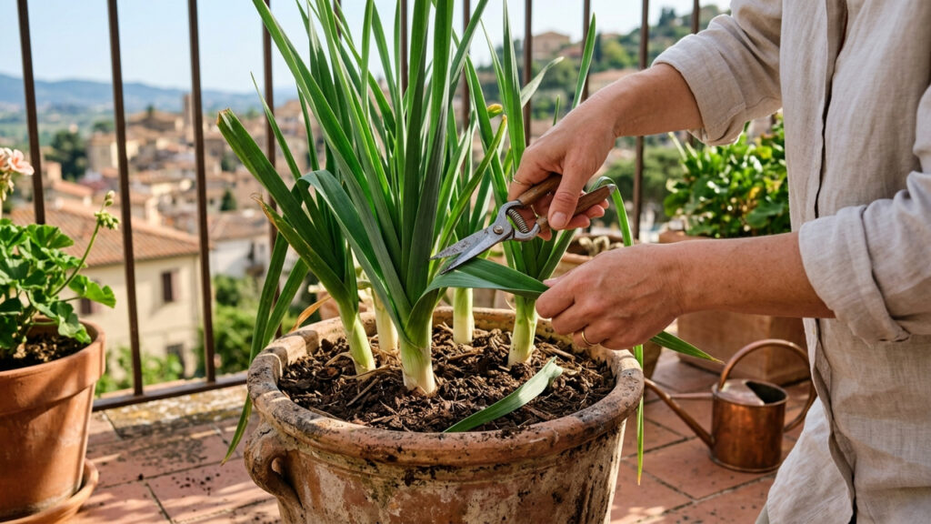 Como plantar alho-poró em vaso com colheitas contínuas: o guia simples de poda que corta apenas as folhas verdes para a planta rebrotar sempre