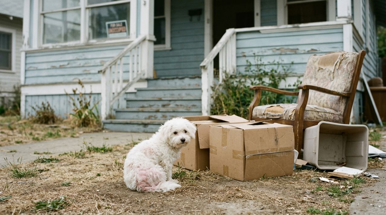 Vizinha encontra cachorro sozinho entre os pertences descartados depois que família se muda