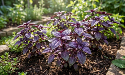 O segredo de poda e iluminação para cultivar manjericão roxo super volumoso em pequenos vasos de tempero na bancada da cozinha