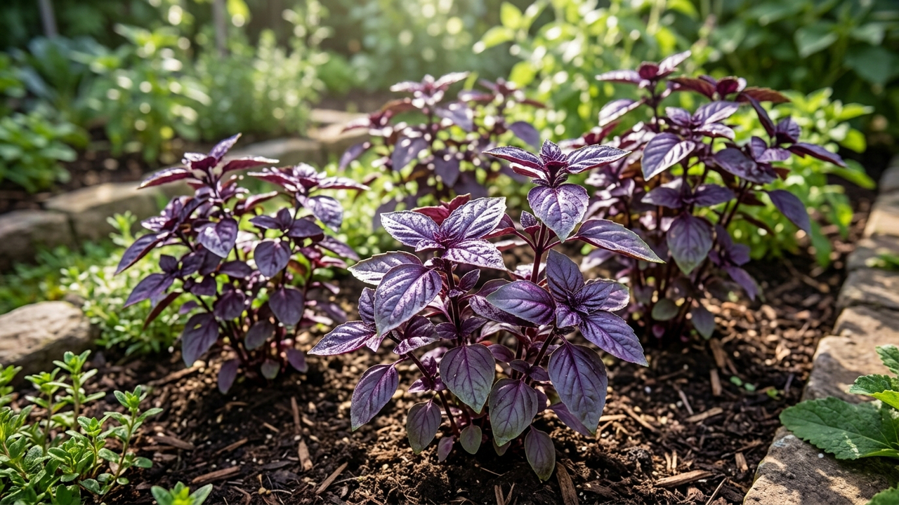 O segredo de poda e iluminação para cultivar manjericão roxo super volumoso em pequenos vasos de tempero na bancada da cozinha