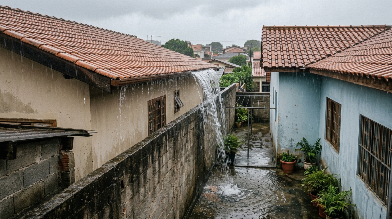 Morador reforma o telhado inclinando o beiral para o lado do vizinho, acredita que água de chuva não é problema de ninguém, e é obrigado a refazer a obra quando a regra sobre despejo de água na divisa é explicada