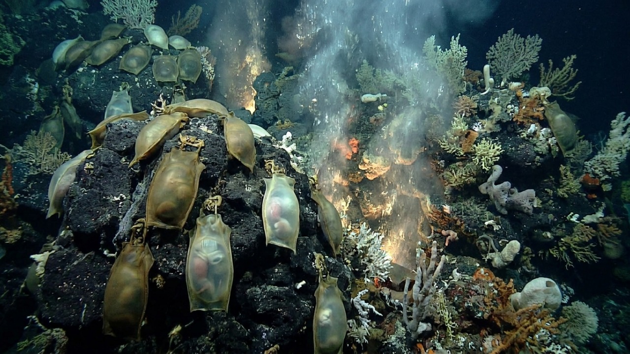 A 1.500 metros de profundidade, pesquisadores encontram vulcão submarino coberto por milhares de ovos gigantes de arraia que podem chegar a 50 centímetros