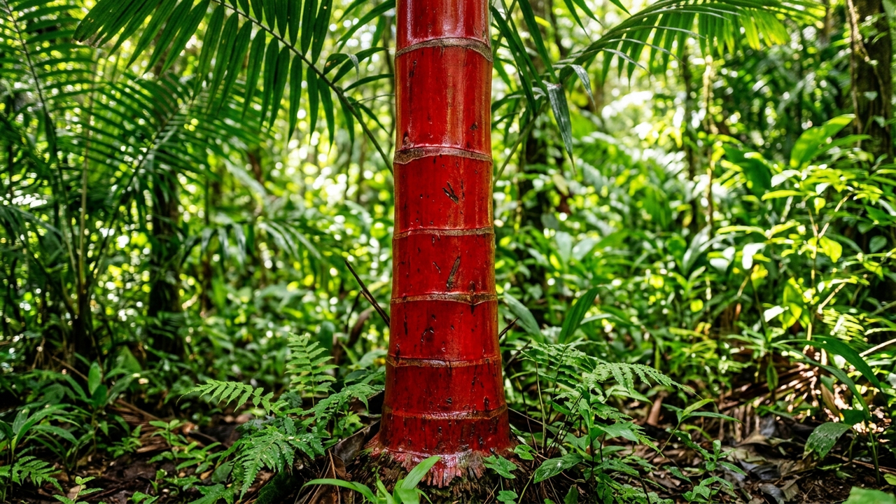 Essa palmeira rara tem o tronco vermelho-vivo que parece pintado à mão: de visual escultural, ela é a atração principal em jardins tropicais
