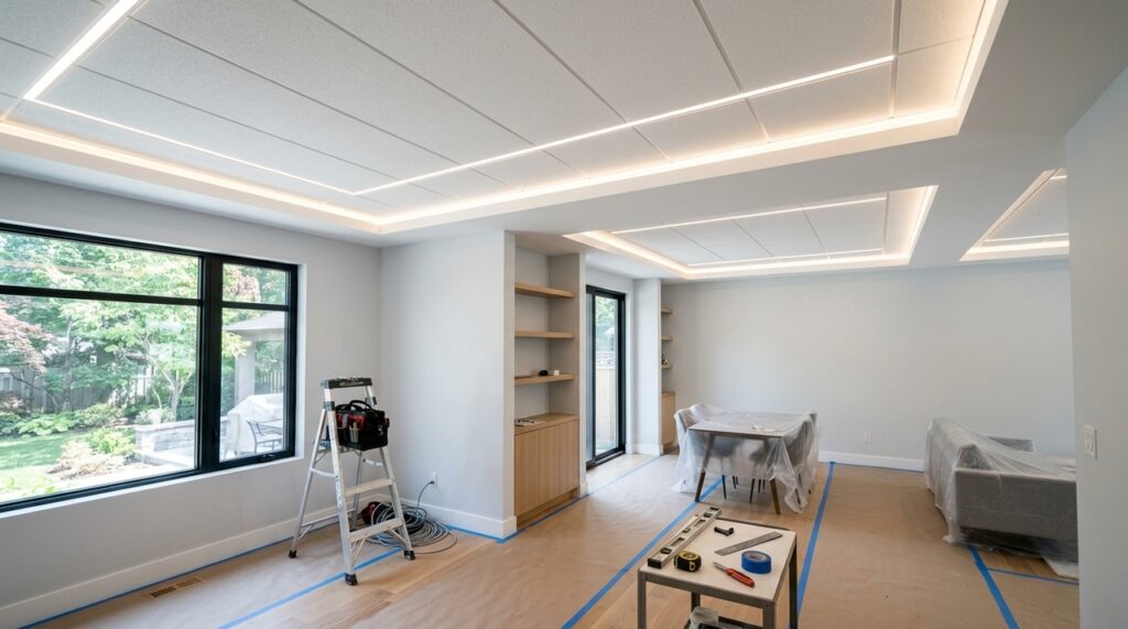 O forro de gesso tradicional está perdendo espaço: nova alternativa combina placas leves e iluminação embutida para renovar o teto com menos obra