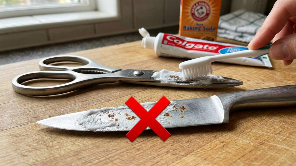 Esfregar pasta de dente com bicarbonato nas lâminas: a mistura abrasiva suave que remove pontos de ferrugem leve de facas e tesouras em minutos