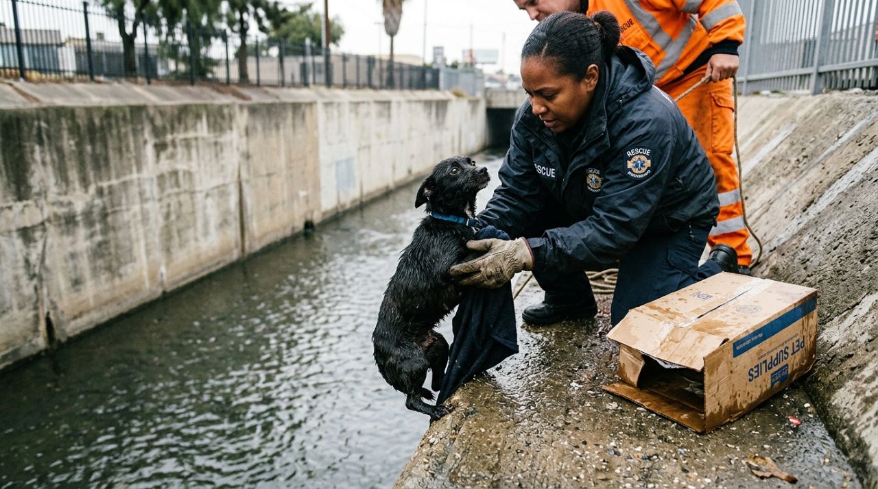 Cachorro é abandonado em canal, consegue ser resgatado e surpreende ao não parar de distribuir beijos para todos ao redor