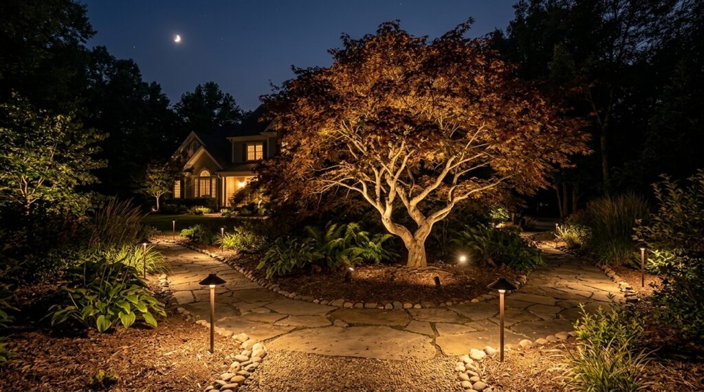Técnico em iluminação externa ensina como iluminar o jardim com spots direcionáveis e posicionar os focos para destacar plantas sem desperdiçar luz
