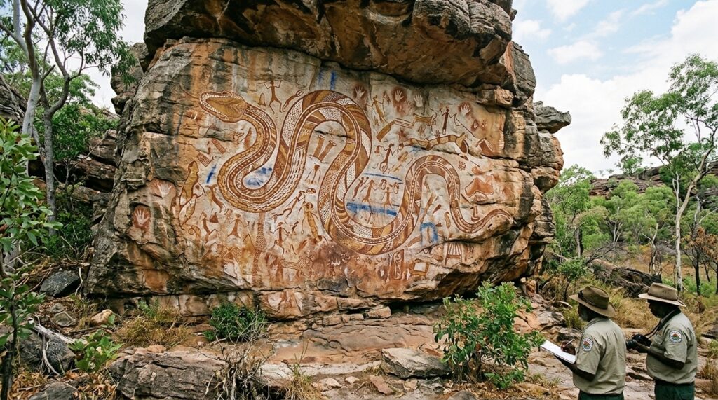 Serpente Arco-Íris gigante chama atenção em arte rupestre australiana: o que os arqueólogos descobriram em Awunbarna