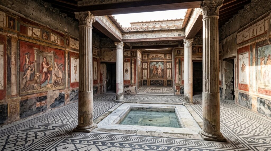 A cidade de Pompeia desenvolvida ao longo de séculos antes de ser soterrada em 79 d.C. e que ainda conserva ruas, casas, templos, mercados, pinturas e construções da sociedade romana
