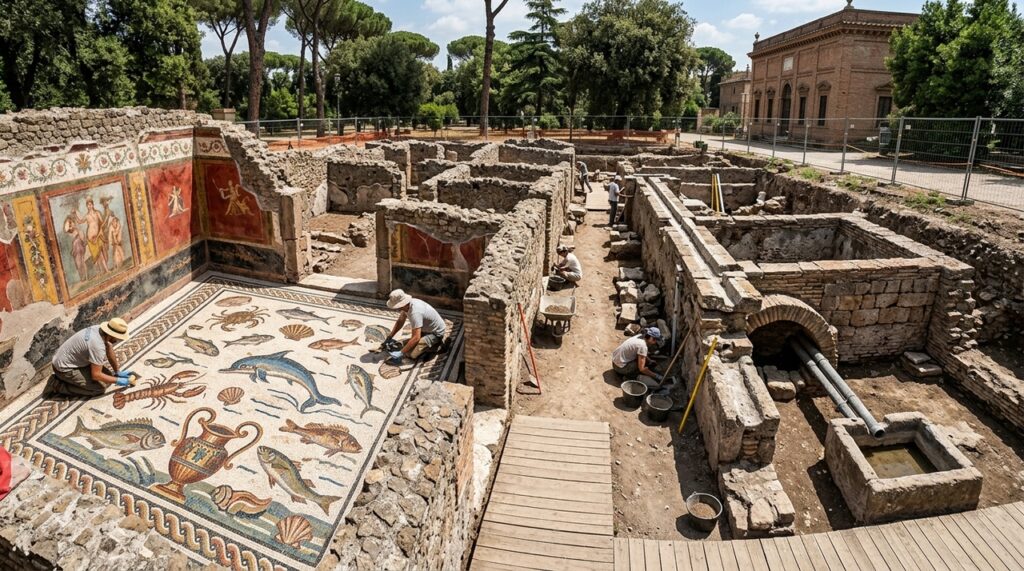 Uma obra no parque Villa Celimontana revelou oito salas com afrescos e mosaicos do século II, além de pistas sobre um possível quartel dos vigiles romanos