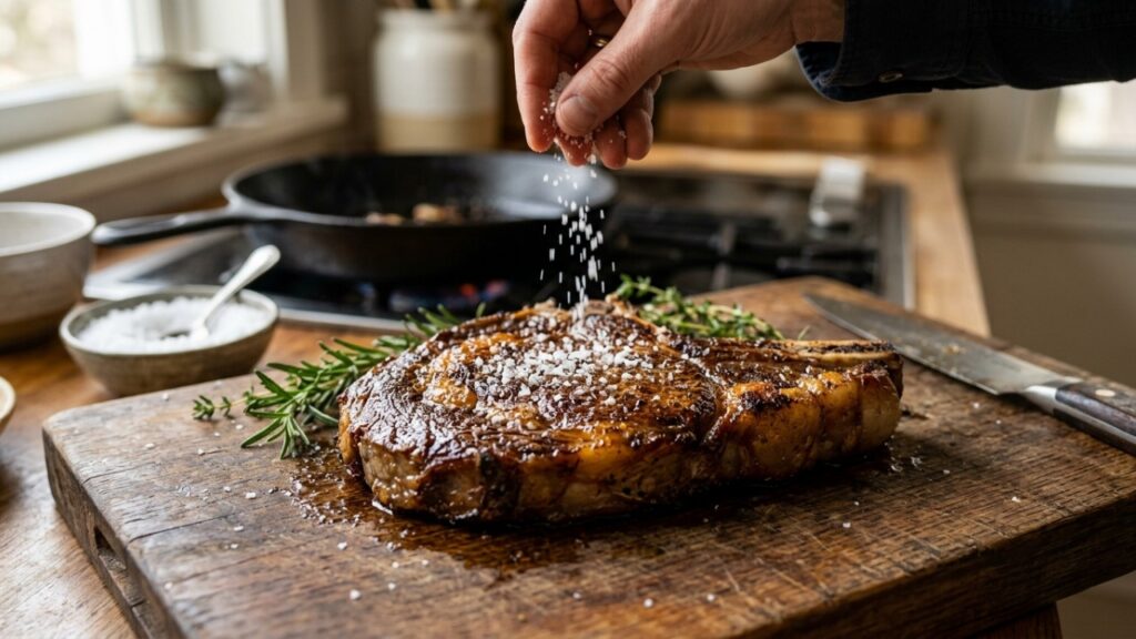 Chefs de cozinha concordam: "Para o bife ficar suculento e dourado, não tempere com sal antes, mas só depois de selar a carne na frigideira quente"