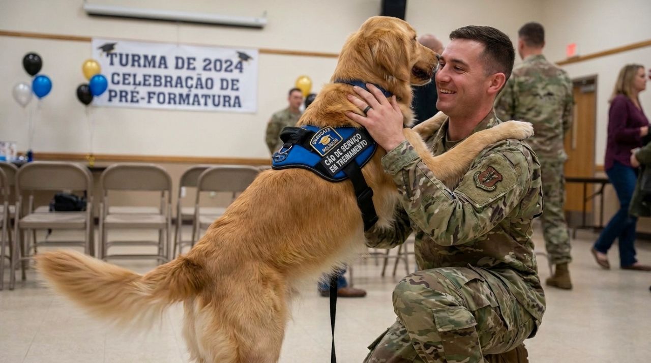 Cães de serviço emocionam ao reencontrar seus tutores pouco antes da formatura e reação surpreende quem acompanhava o momento
