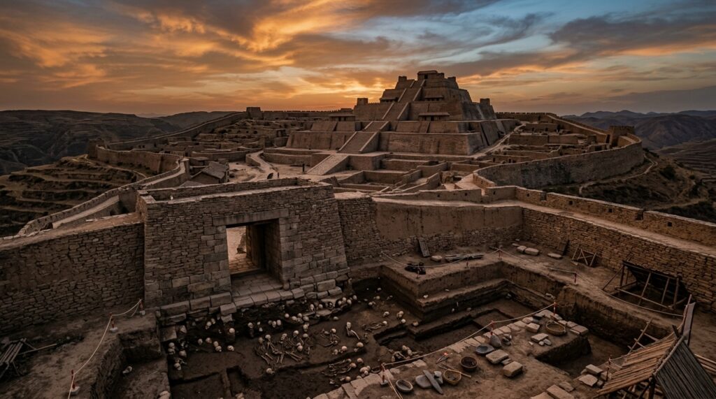 Escavações em Shimao, na China, revelaram dezenas de crânios humanos sob estruturas fortificadas. O achado lança luz sobre rituais e conflitos de 4 mil anos