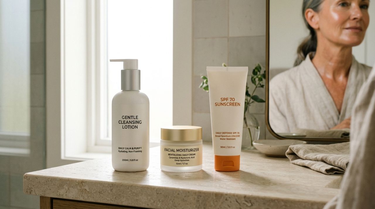 Nem creme caro, nem 10 passos: os 3 produtos que podem formar uma rotina simples para pele madura depois dos 50