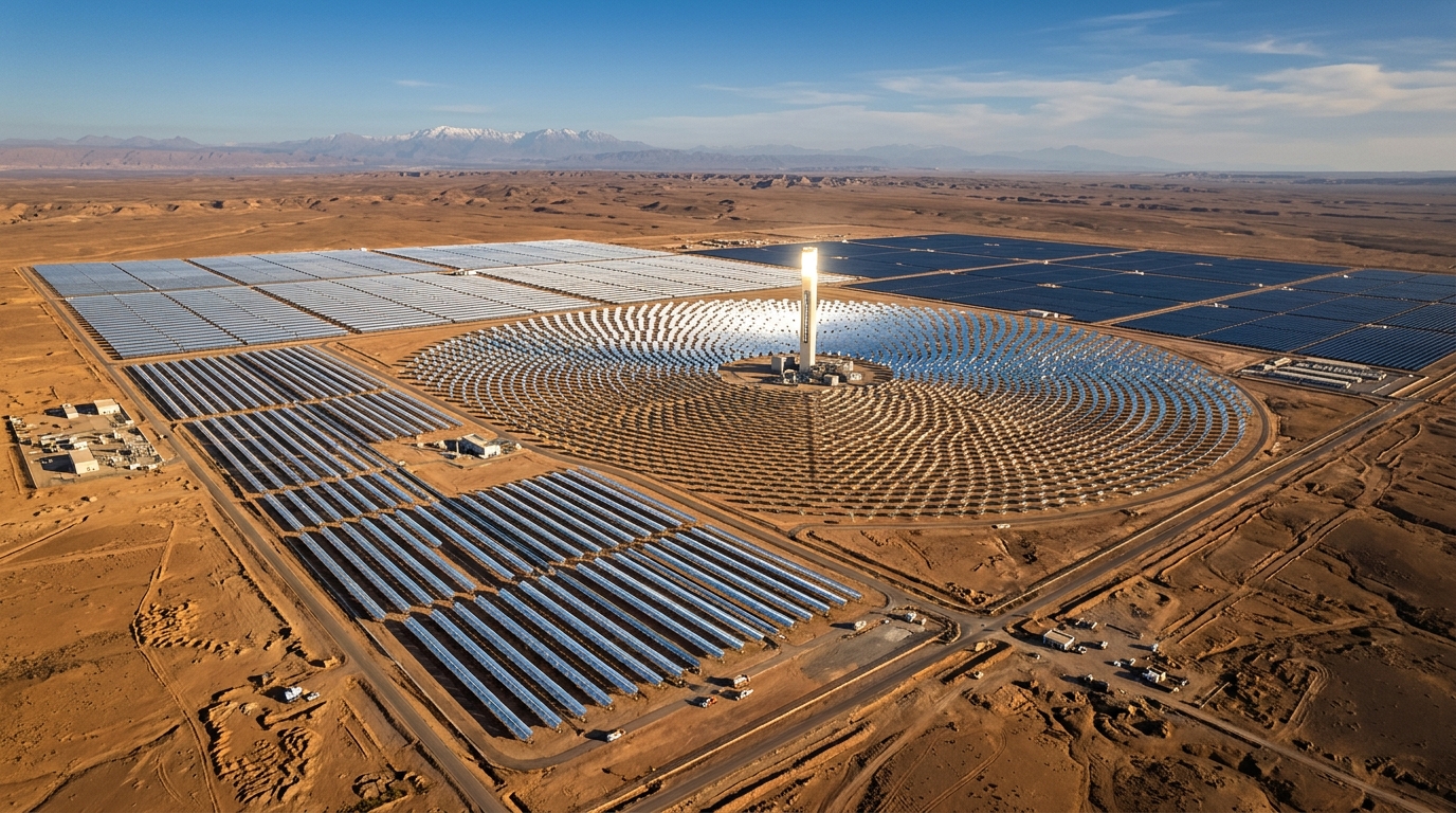 Em 2026, Marrocos construiu uma "cidade solar" no deserto que gera 580 MW e abastece mais de 1 milhão de pessoas