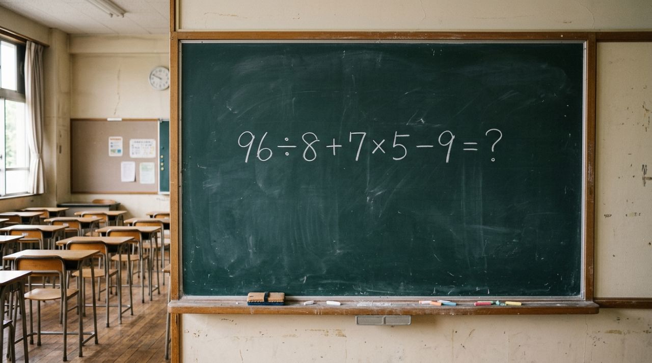Quem lembra da matemática da escola resolve em segundos: 96 ÷ 8 + 7 × 5 − 9
