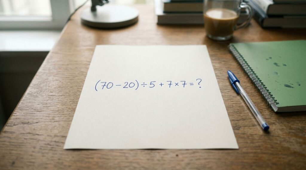 A maioria começa pela parte errada: (70 – 20) ÷ 5 + 7 × 7