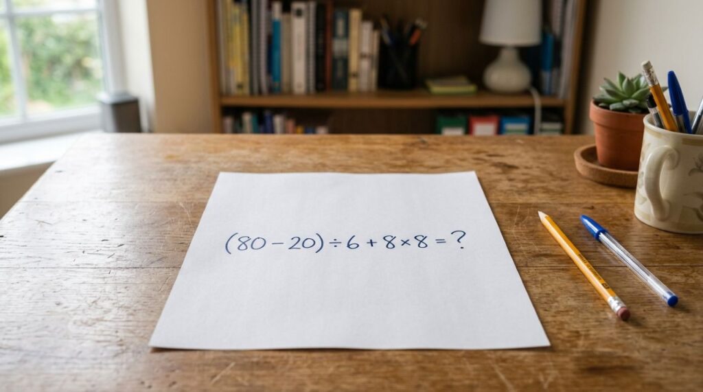 A maioria começa pela parte errada: (80 – 20) ÷ 6 + 8 × 8