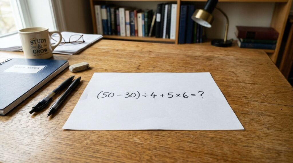 A maioria começa pela parte errada: (50 – 30) ÷ 4 + 5 × 6