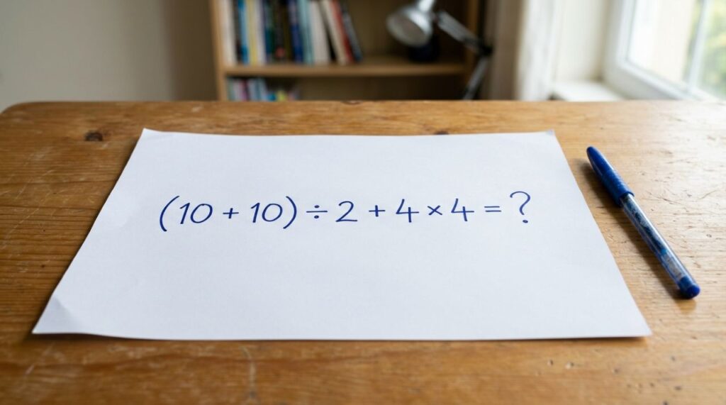A maioria começa pela parte errada: (10 + 10) ÷ 2 + 4 × 4