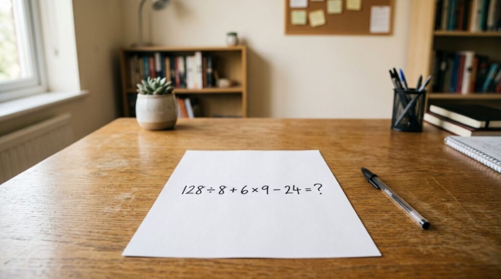 Faça mentalmente e veja se ainda domina a ordem das operações: 128 ÷ 8 + 6 × 9 − 24