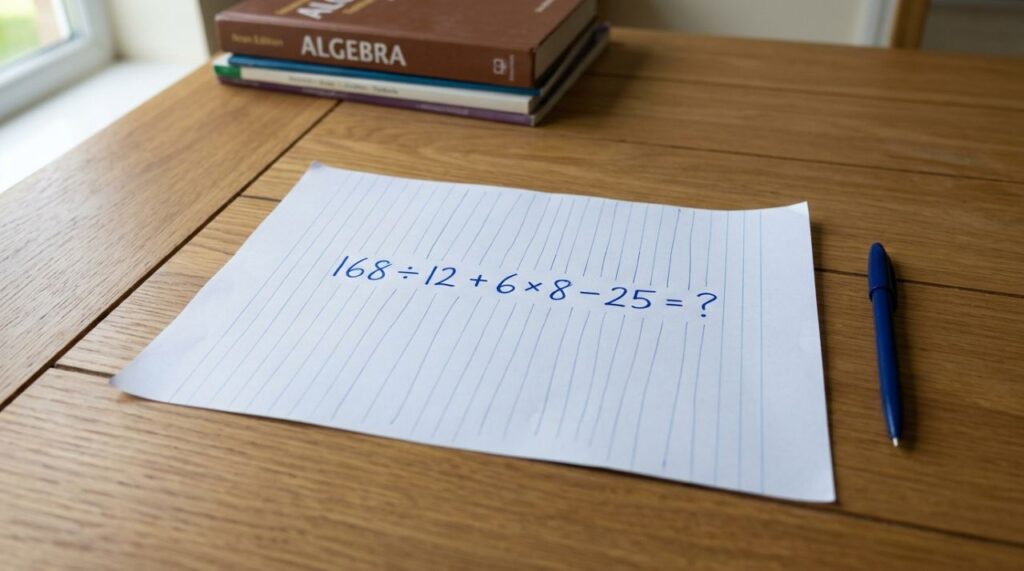 Poucos segundos bastam para quem lembra das regras: 168 ÷ 12 + 6 × 8 − 25