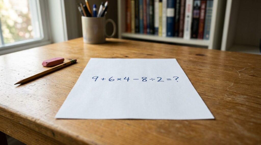 Só 5 números aparecem na conta, mas a resposta divide opiniões: 9 + 6 × 4 – 8 ÷ 2