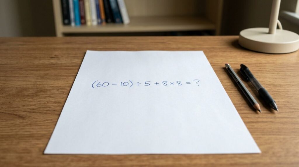 A maioria começa pela parte errada: (60 – 10) ÷ 5 + 8 × 8