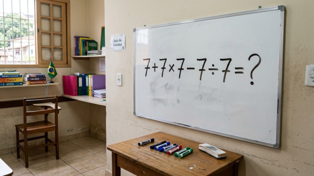 O número 7 aparece 5 vezes nesta conta: você consegue resolver 7 + 7 × 7 - 7 ÷ 7 sem calculadora?