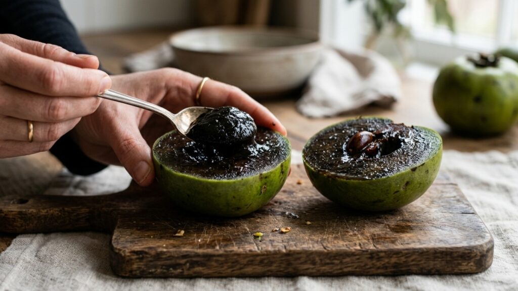 Quem olha pensa que é um tomate verde, mas esta fruta guarda uma polpa escura e cremosa com sabor de sobremesa de chocolate e caramelo