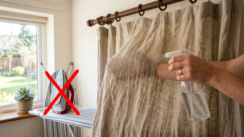 Sem tirar do varão, nem usar ferro de passar: a melhor forma de desamassar cortinas de linho borrifando álcool 70% diluído em água no tecido