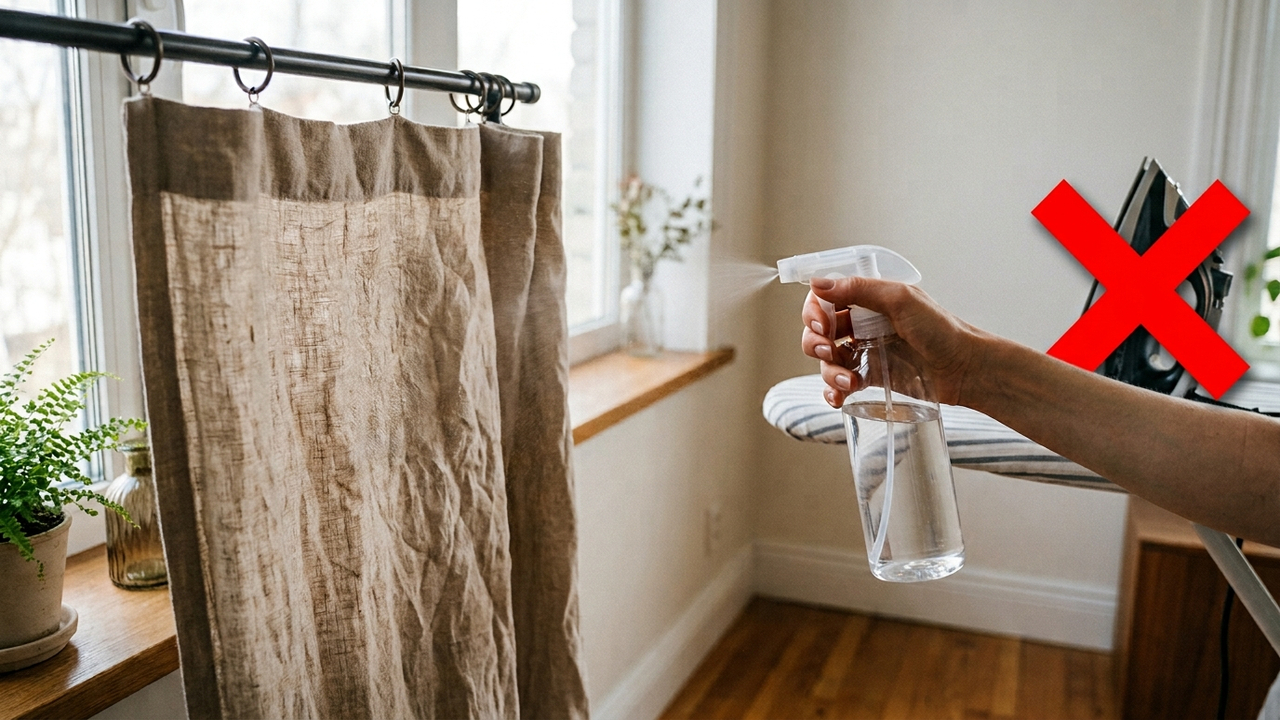 Sem tirar do varão, nem usar ferro de passar: a melhor forma de desamassar cortinas de linho borrifando álcool 70% diluído em água no tecido