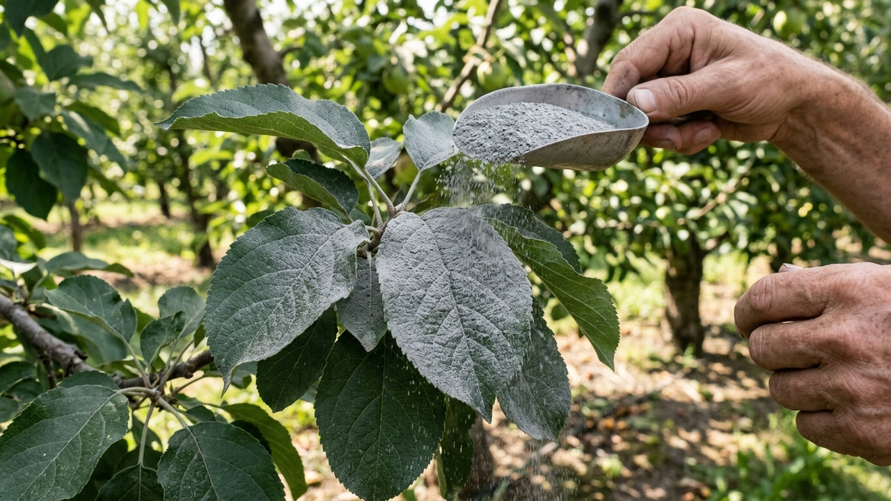 Barreira de farinha de rocha basáltica nas folhas secas: o truque mineral que desidrata e bloqueia o ataque de ácaros-brancos no pomar