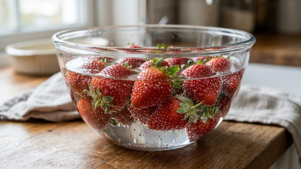 Lavar morangos frescos com água e vinagre branco: o truque simples de higienização que elimina esporos de mofo e faz a fruta durar dias